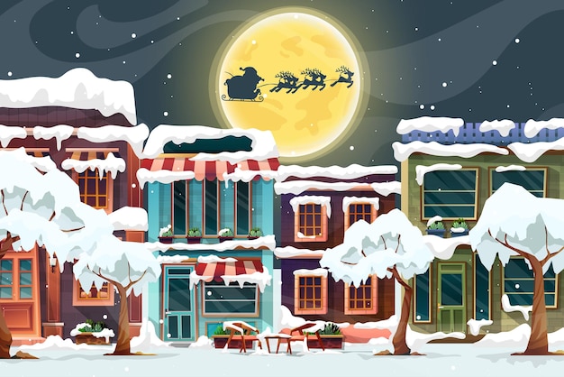 Free vector santa claus sled over rooftop and chimney at the christmas night with full moon and snowy