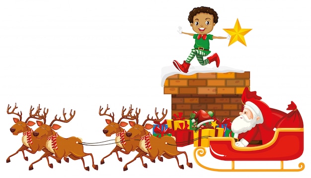 Free vector santa claus on sleigh with reindeer and elf