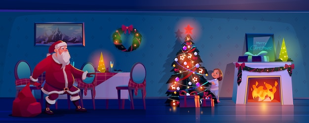 Santa Claus sneaking toward Christmas tree to place gifts cartoon illustration