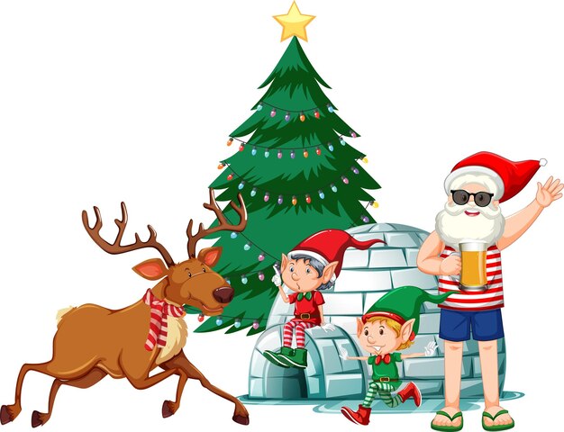 Santa Claus in summer costume with elf and raindeer on white background