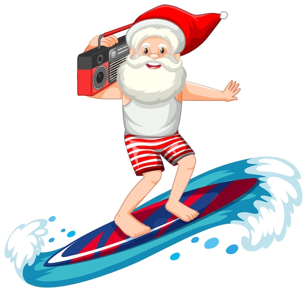 Vettore gratuito babbo natale surf in tema estivo su sfondo bianco