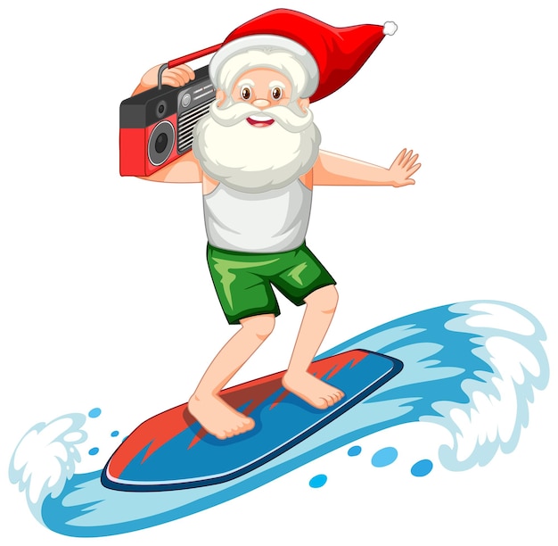 Babbo natale surf in tema estivo su sfondo bianco