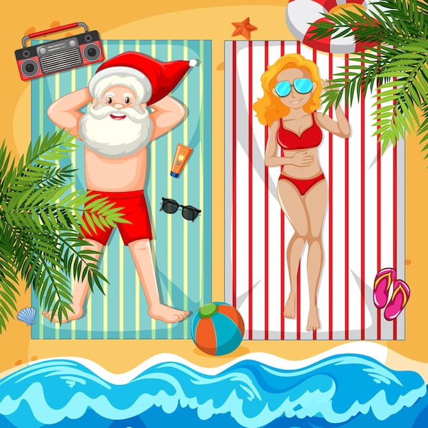 Santa claus taking sun bath on the beach with beautiful lady