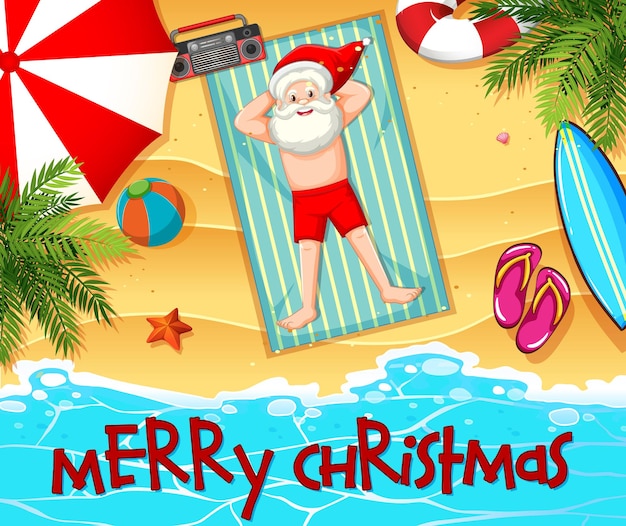 Free vector santa claus taking sun bath at the beach with summer element and merry christmas font