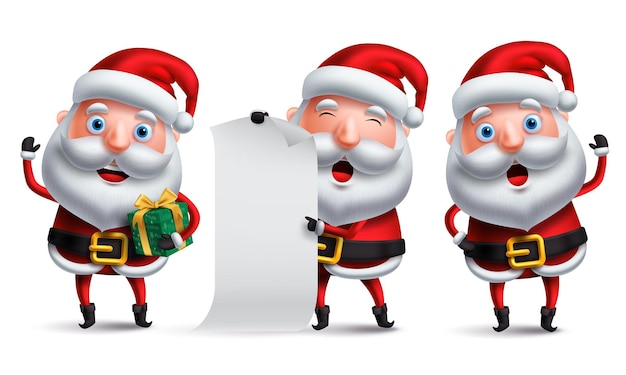 손을 흔드는 동안 크리스마스 선물과 빈 위시리스트를 들고 있는 산타클로스 벡터 캐릭터 세트.