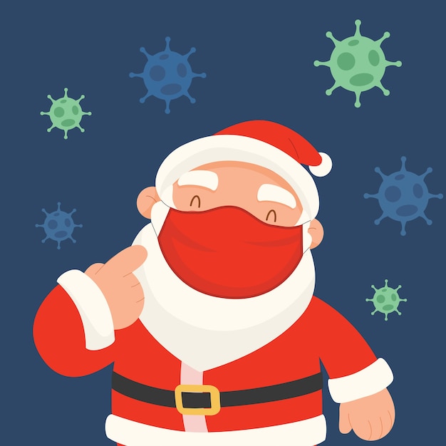 Santa claus wears a red mask to protect against germs.