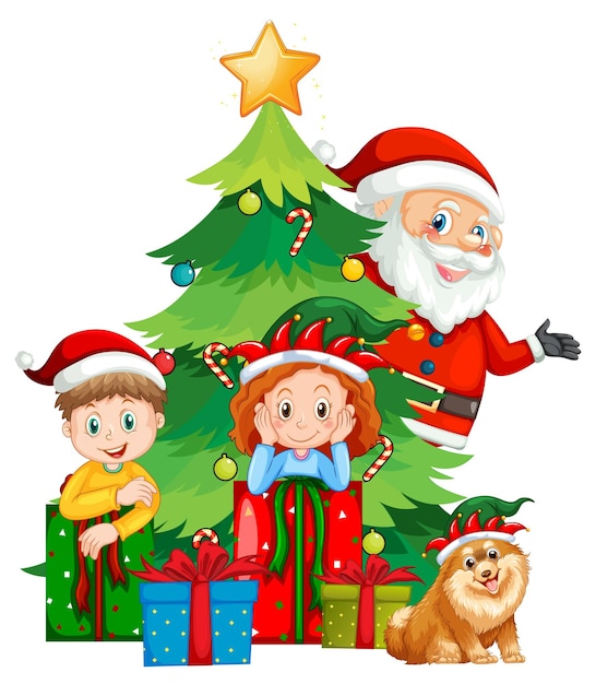 Santa Claus with children and Christmas tree