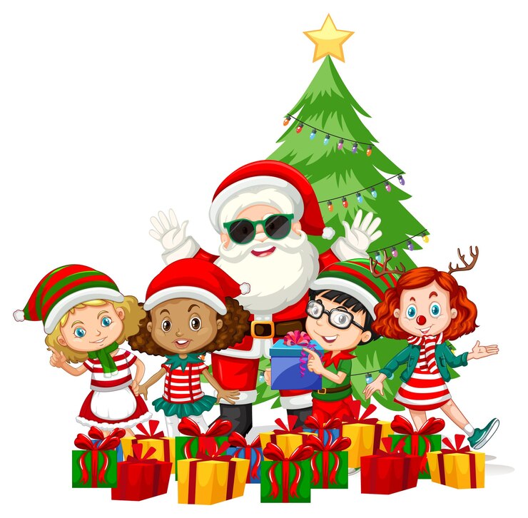 Free Vector santa claus with children wear christmas costume cartoon character on white background