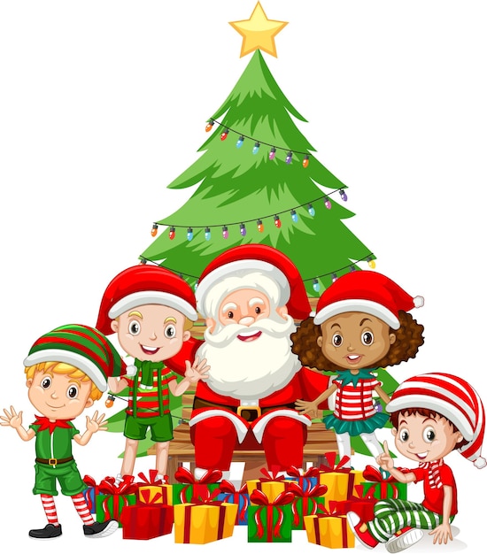 Free vector santa claus with children wear christmas costume cartoon character