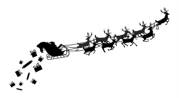Santa flying in a sleigh with reindeer.  illustration.  object.