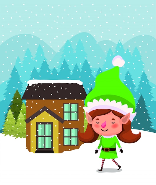 Vettore gratuito elfo di santa helper con la casa in snowscape