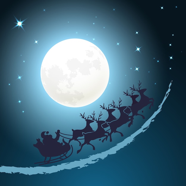 Vettore gratuito babbo natale sulla sua slitta sfondo di natale cavalcando attraverso un cielo blu crepuscolare davanti alla luna piena con stelle scintillanti formato quadrato di disegno di carta vettoriale