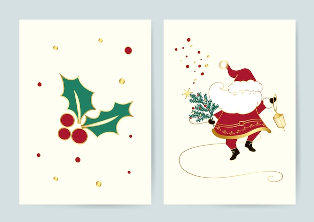 Санта и Холли листья Рождественские открытки вектор