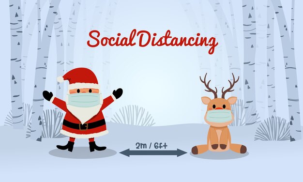 Premium Vector Covid 19 And Social Distancing Infographic With Cute Christmas Cartoon
