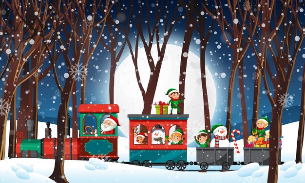 Santa riding on the train in winter