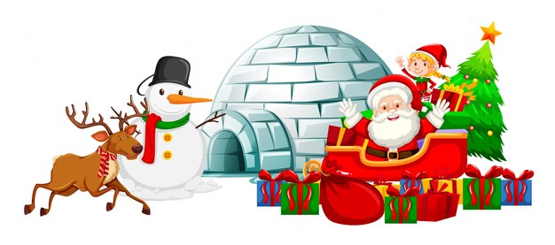 Santa on sleigh and snowman by igloo