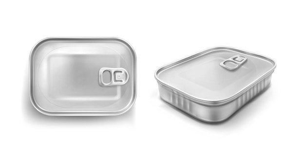 Sardine tin can with pull ring mockup top and angle view. Food metal jar with closed lid, silver colored aluminium rectangle preserves canister isolated on white background, Realistic 3d vector icons