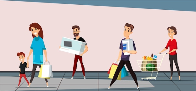 Free vector satisfied customers young men and women holding bags and packages carrying television lady with trolley consumerism hot sale shopping event