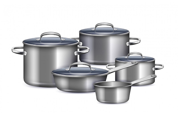 Saucepan set for cooking breakfast lunch and dinner realistic