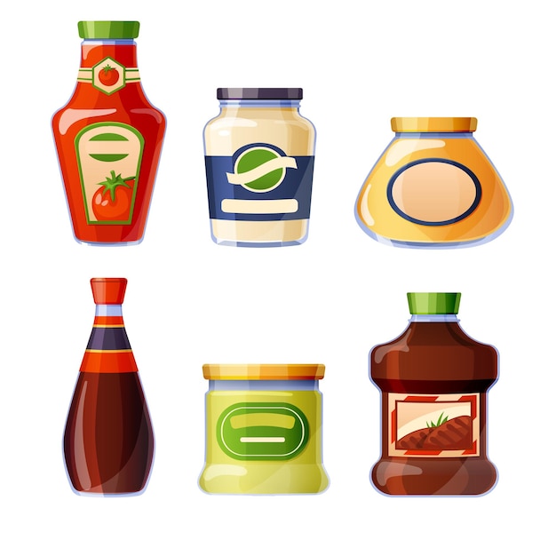 Free vector sauces and dressings in glass bottles