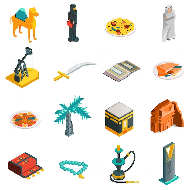 Бесплатное векторное изображение Саудовская аравия изометрические туристические иконки set