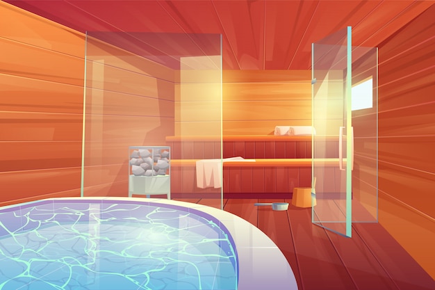 Free vector sauna with swimming pool and glass doors interior