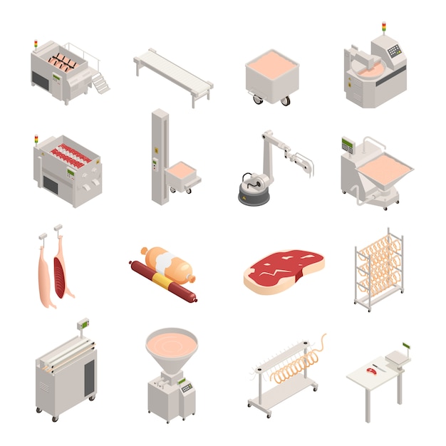 Free vector sausage factory isometric icons