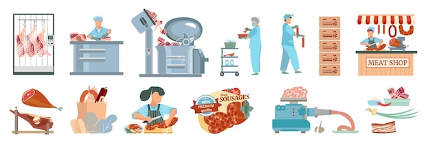 Колбасы с плоскими иконками мясных магазинов, рыночных прилавков, кухонного оборудования и векторной иллюстрации готовых продуктов