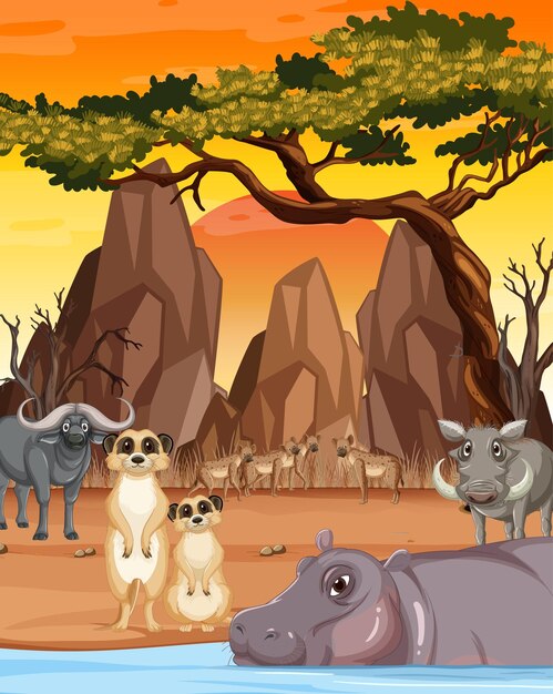 Savanna forest scene with wild animals