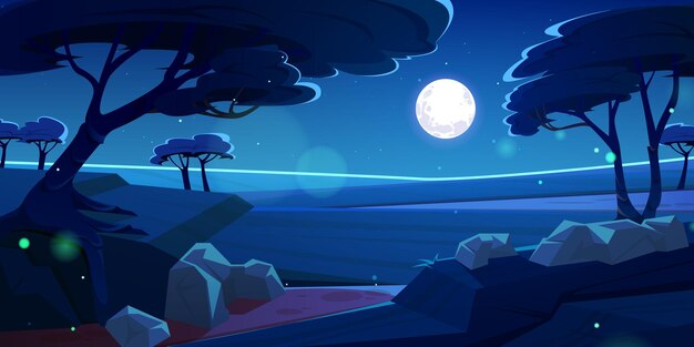 Пейзаж саванны с деревьями акации ночью Векторная карикатура на африканскую саванну с полной луной и звездами в темном небе Концепция сафари-отпуска и путешествия
