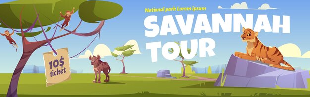 Savannah tour cartoon banner, invitation in national park with wild animals.