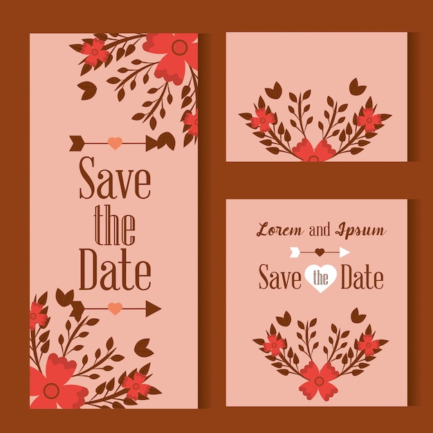 save the date card decorated with flowers leaves on pink background