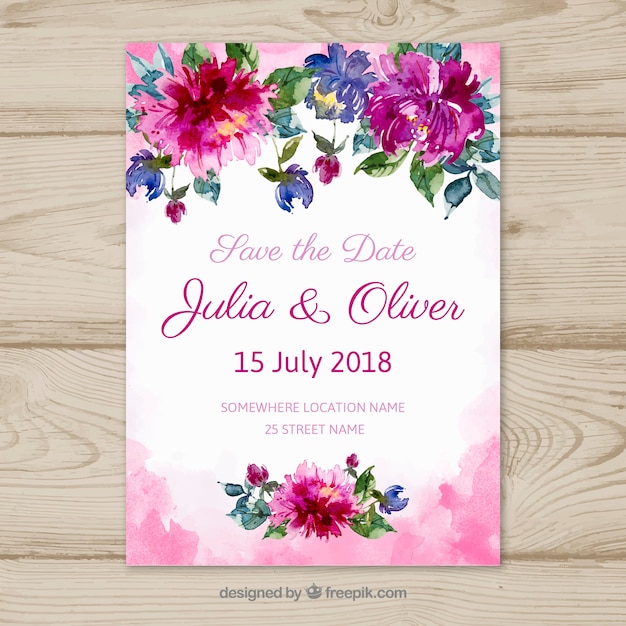 Free vector save the date card with flowers in watercolor style