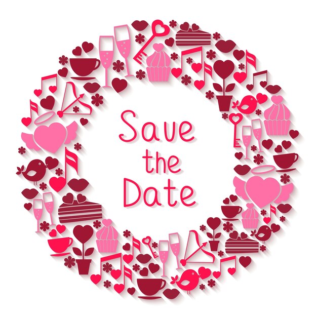 Круглый символ "Сохранить дату" с романтическими значками, изображающими сердечки