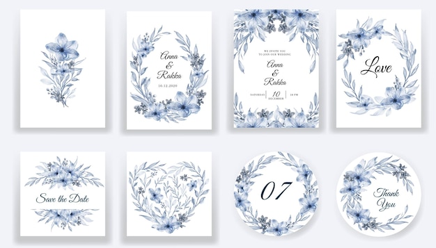Save the date floral watercolor blue cards and invitation collection