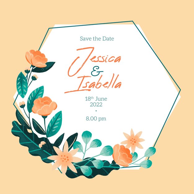 Save the date frame invitation card with hand drawn flowers