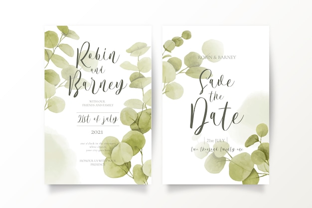 Free vector save the date invitation templates with eucalypt leaves