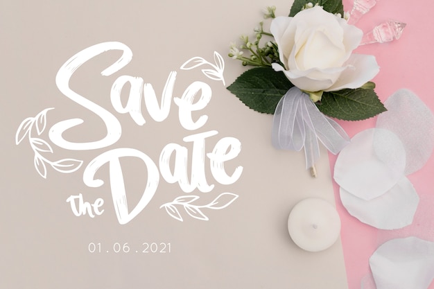 Save the date lettering with photo of white rose