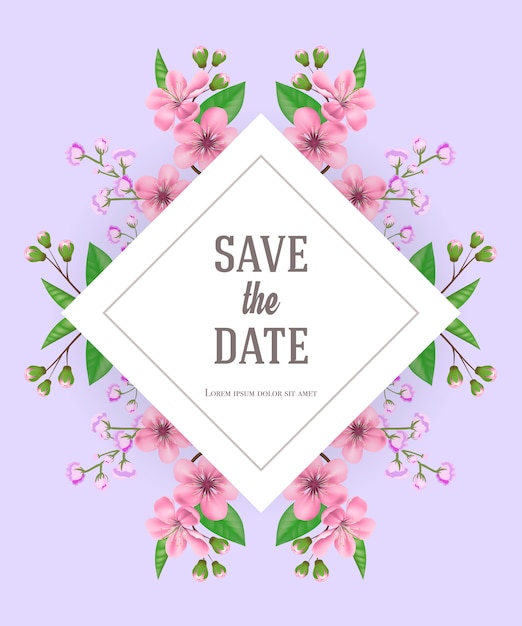 Save the date template with pink and purple flowers. handwritten text, calligraphy.