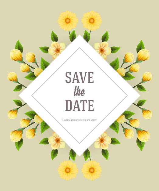 Save the date template with yellow flowers on gray background. handwritten text, calligraphy.