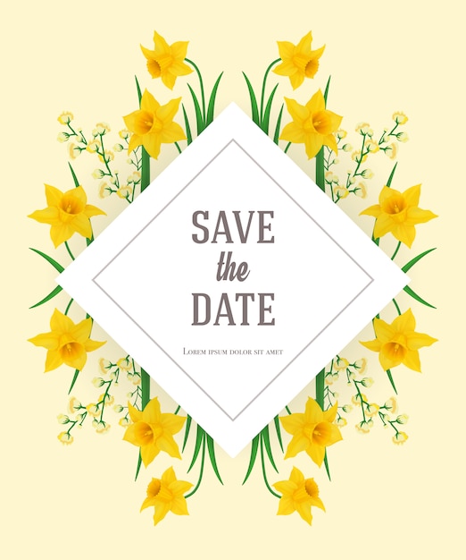 Free vector save the date template with yellow narcissus. handwritten text, calligraphy.
