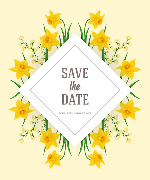 Save the date template with yellow narcissus. Handwritten text, calligraphy.