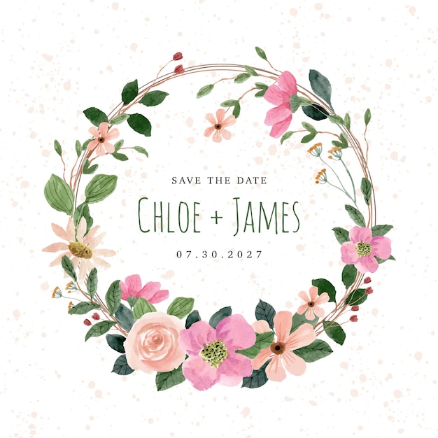 Free vector save the date with pink peach watercolor floral wreath