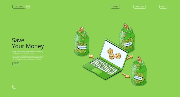 Save money banner. concept of economy, savings for retirement, education or travel. vector landing page with isometric illustration of laptop and glass jars, moneyboxes with gold coins