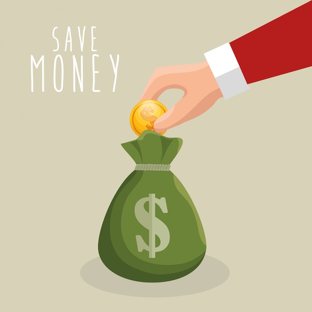 Free vector save money hand put con bag money