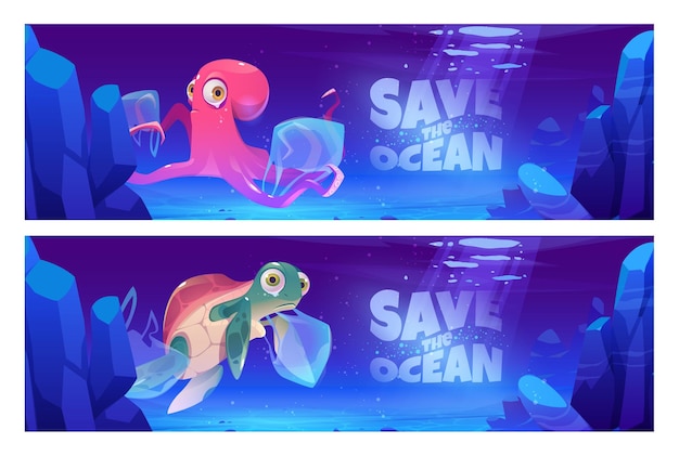 Бесплатное векторное изображение Спасите океанские мультяшные баннеры с подводными животными и мусором