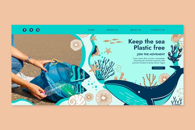 Free vector save the ocean landing page template