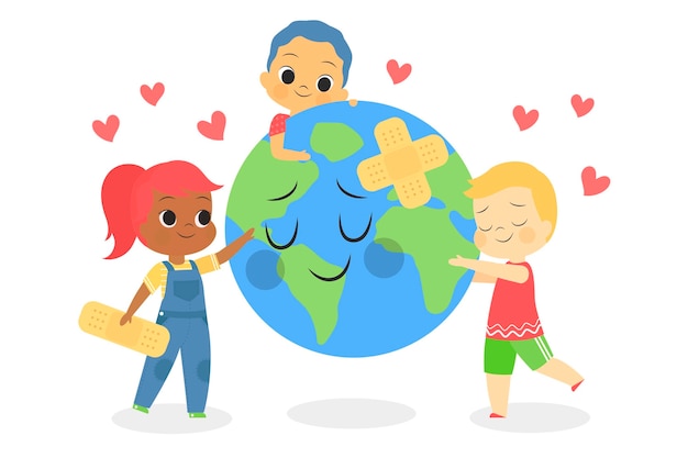 Free vector save the planet concept with kids taking care of earth