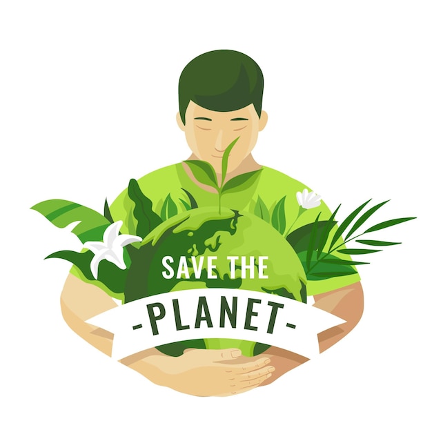 Free vector save the planet concept with man holding earth