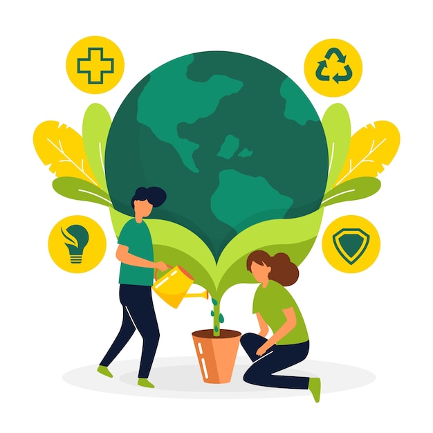 Free vector save the planet concept with people growing the earth